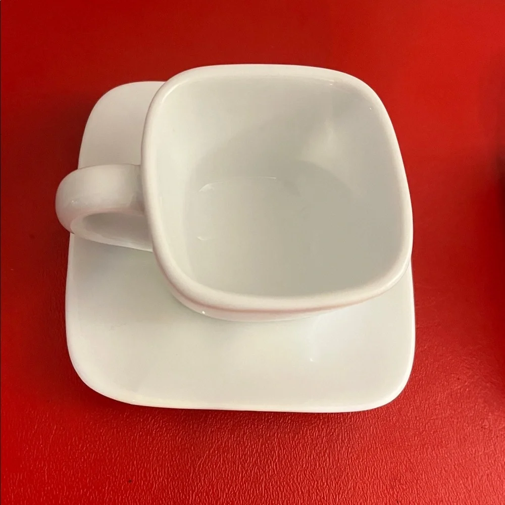 Crate and Barrel Espresso Cups Saucers Set Of 2 Square Bia Cordon Bleu White